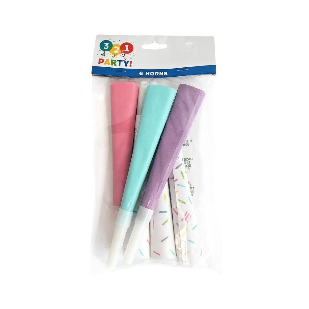 321 Party Favors 6 Horns Pastel Colors 11" Toy Fun Music Noise Makers Girlie NEW